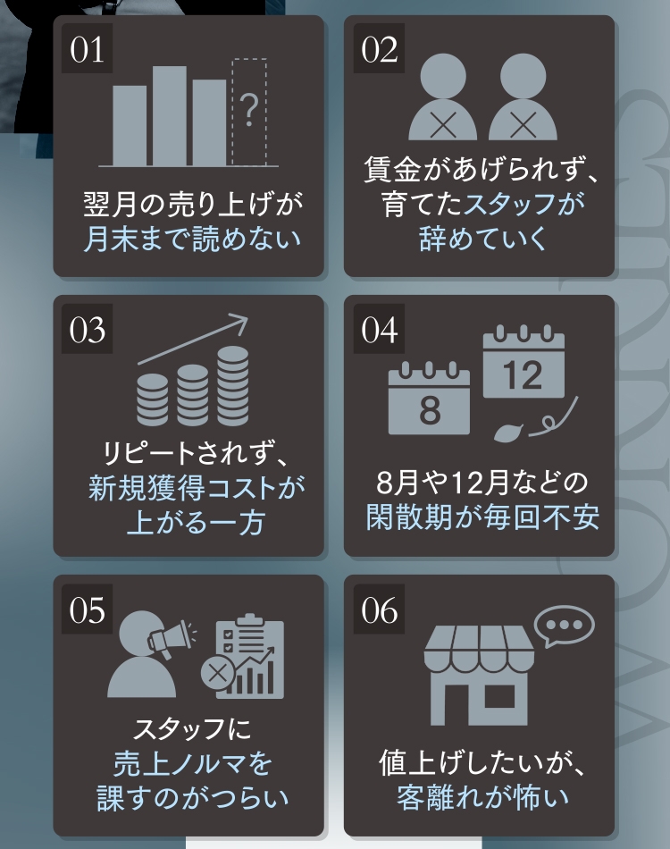 翌月の売り上げが月末まで読めない／賃金があげられず、育てたスタッフが辞めていく...etc